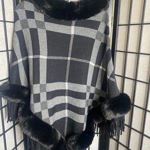 Black, Grey and  White Poncho Set